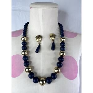 Vintage Nautical Navy & Gold Beaded Necklace Clam Earrings Costume Beach